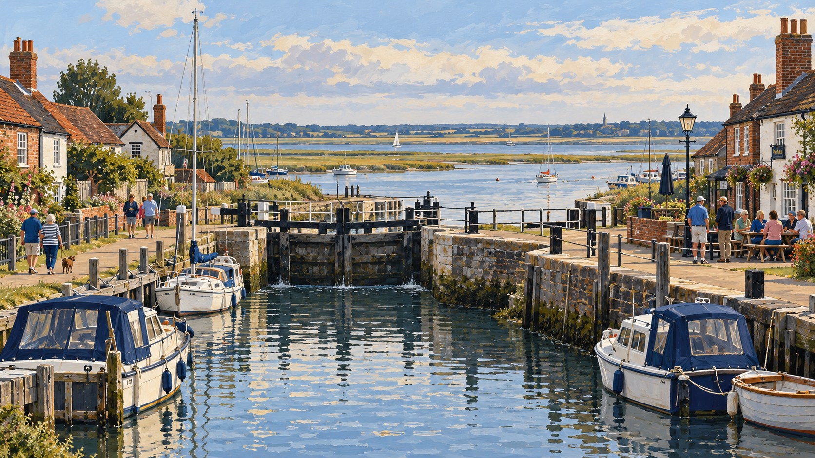 Artist’s impression of neighbours walking beside the lock at Heybridge Basin