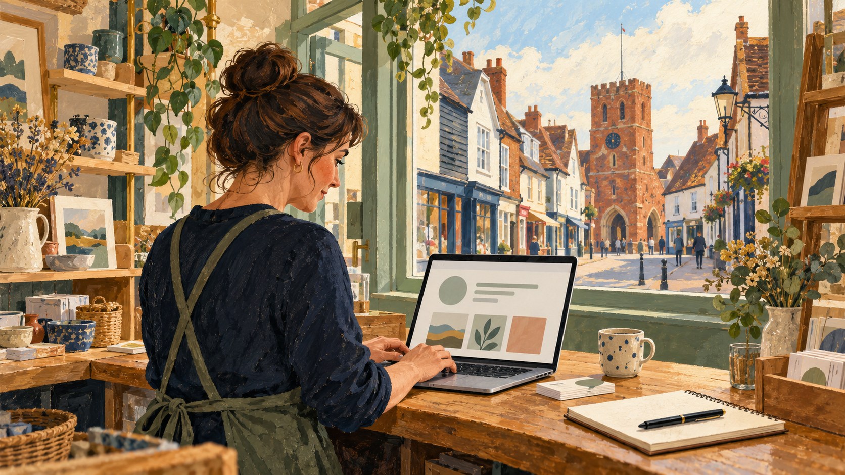 Artist’s impression of a Maldon shop owner preparing a local business profile